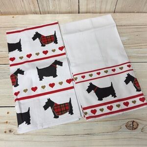 Milly Green Scottie dog wearing plaid coat 2 tea towels red gold hearts